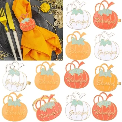 12 Pcs Fall Thanksgiving Pumpkin Napkin Rings, Orange Yellow Beige