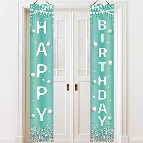 Teal Silver Happy Birthday Door Banner with Sequins Rhinestones for Party