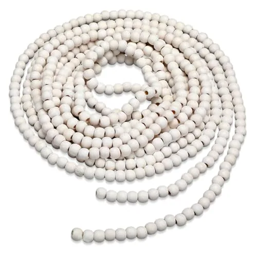 16 Feet Wood Bead Garland Christmas Tree, Retro Snowy White