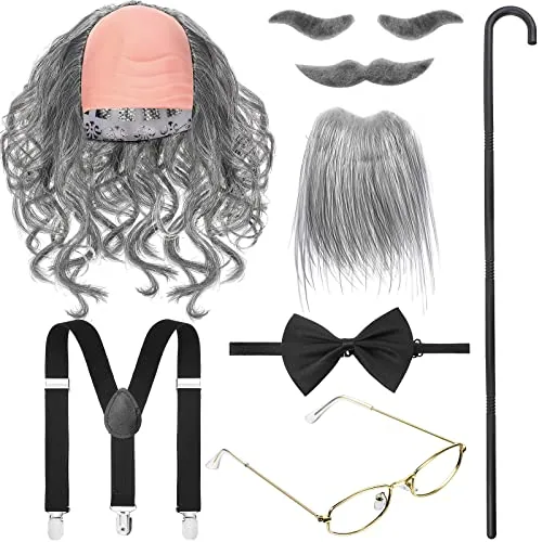8 Pieces Old Man Costume Set for Grandpa Costume Accessories Dark Gray
