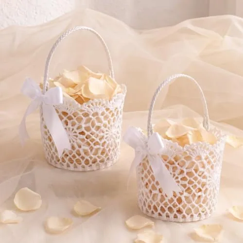 2 Pieces White Flower Girl Basket Wedding,Silk Ribbon Bowknot