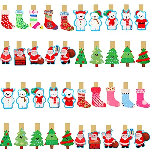 40 Pcs Mini Christmas Wooden Clothespins 1.36 Inch with Twine