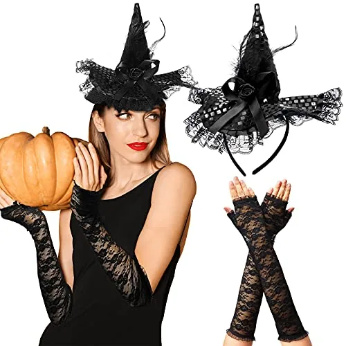 4 Pcs Halloween Witch Hat Headband and Lace Gloves Set