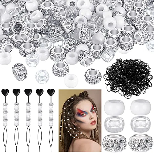 1355 Pcs Hair Bead Kit for Braids, Silver Pony Rhinestone Band