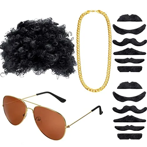 Hippie Disco Costume Set 70s Afro Wig Chain Glass Moustache