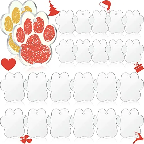 24 Pcs Acrylic Paw Print Keychain Blanks Dog Paw Shaped Blanks with Hole