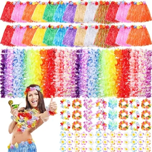 120 Pcs Hawaiian Grass Skirt with Flower Costume Set Hawaiian Hula Skirts