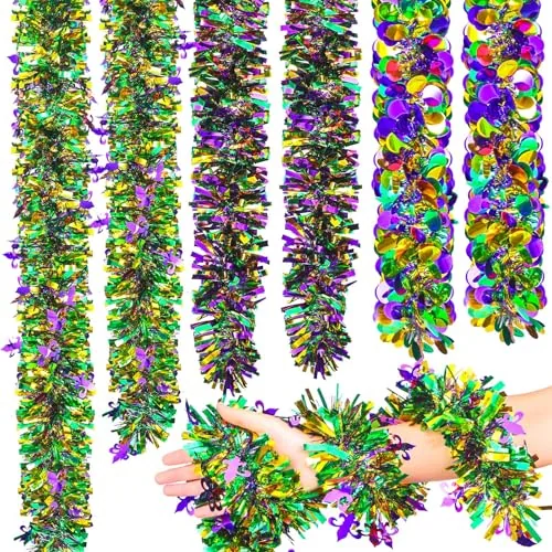 6 Pcs 39.4 Feet Mardi Gras Tinsel Garland Decorations Golden Purple Green