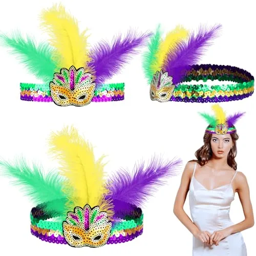 3 Pcs Mardi Gras Headband Sequins Glitter Hair Band for Masquerade Mask