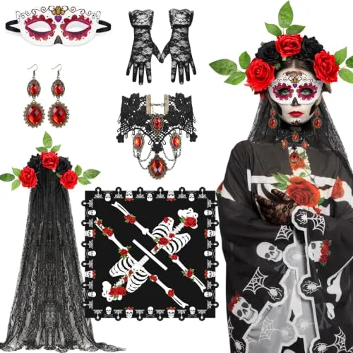6 Pcs Day of The Dead Costume for Women Halloween Skeleton Cape Rose