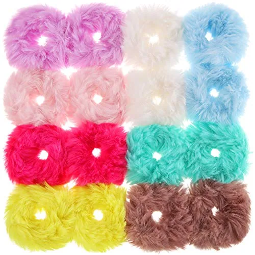16 Pcs Furry Scrunchies Fuzzy Pom Pom Hair Ties