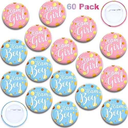 60 Pieces Team Boy or Girl Pins Gender Reveal Button Baby Shower
