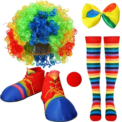 5 Pcs Clown Costume Set Clown Nose Bow Tie Wig Red Nose Shoes Striped
