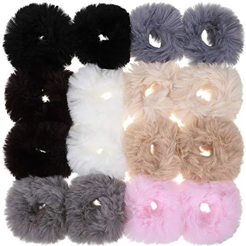 16 Pcs Furry Scrunchies Fuzzy Pom Pom Hair Ties,null