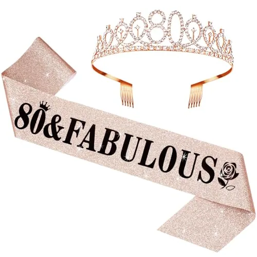 80th Birthday Sash and Tiara for Women, Rose Gold Glitter Crown