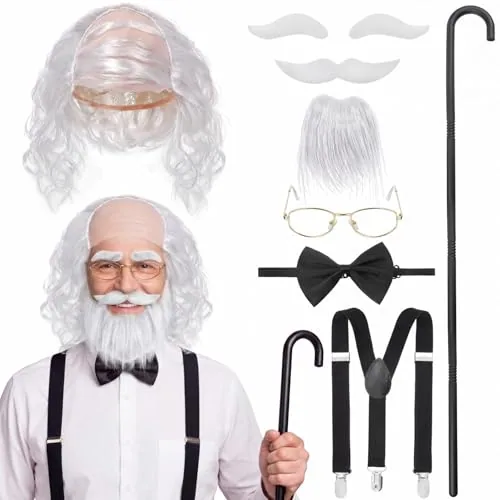 8 Pcs Old Man Costume Set for Men Grandpa Costume Accessories Silver