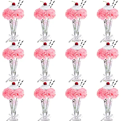 12 Sets Pink Carnations Artificial Flowers, 50's Theme Party Decorations