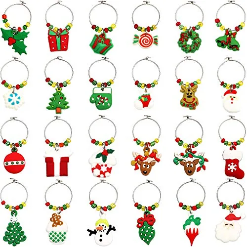 24 Pcs Christmas Wine Glass Charms, Holiday Party Markers