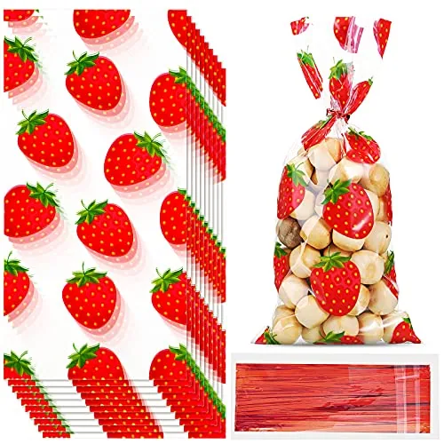 100 Pcs Strawberry Treat Bags Plastic Party Goodie Bags Gift