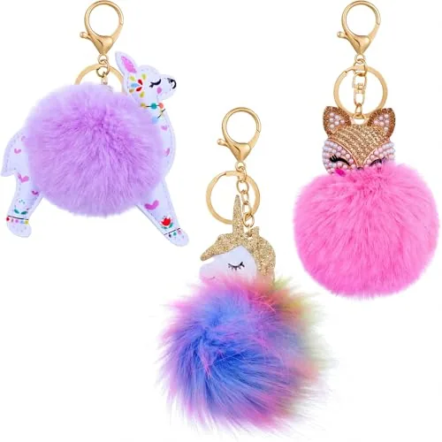 3 Pcs Animal Pom Pom Keychains Backpack Charms
