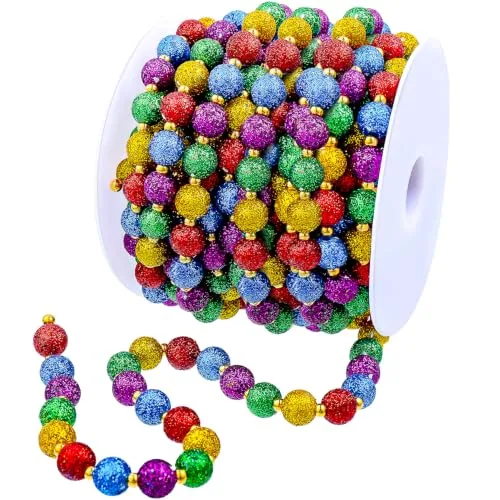 20 Feet Christmas Beaded Garland Multi-Color Glitter Faux Pearl