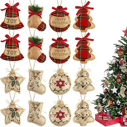 16 Pcs Burlap Christmas Ornaments Buffalo Plaid Color Set 1