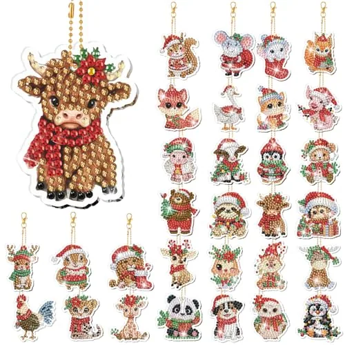 30 Pcs Christmas Animals Diamond Art Keychain Ornaments Kits