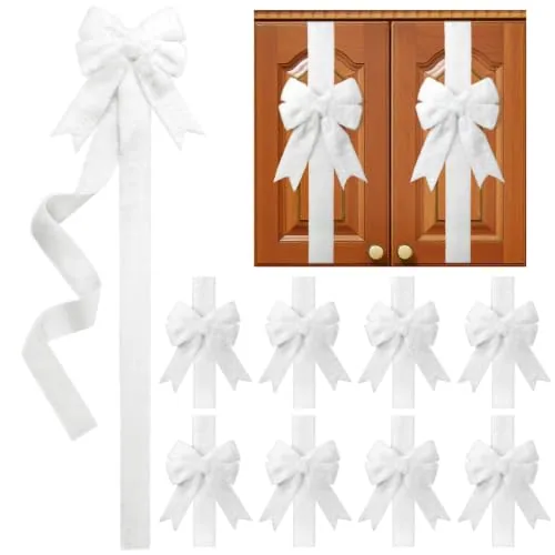 8 Pcs Christmas Cabinet Faux Rabbit Fur White Kitchen Ribbons Bows