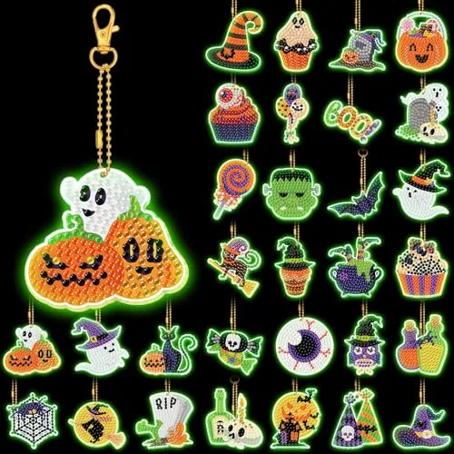 30 Pcs Glow in Dark Halloween Diamond Art Keychain Ornaments