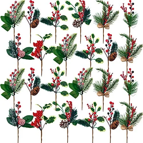 24 Pcs Christmas Picks Classic, Pine Berry Holly Stems