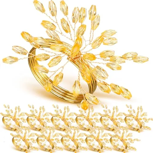 Christmas Handmade Crystal Leaf Napkin Rings Set of 18 - Rhinestone Gold