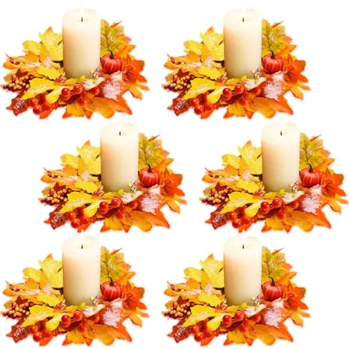 6 Pcs Fall Candle Rings Wreaths, Pumpkin Maple Leaf