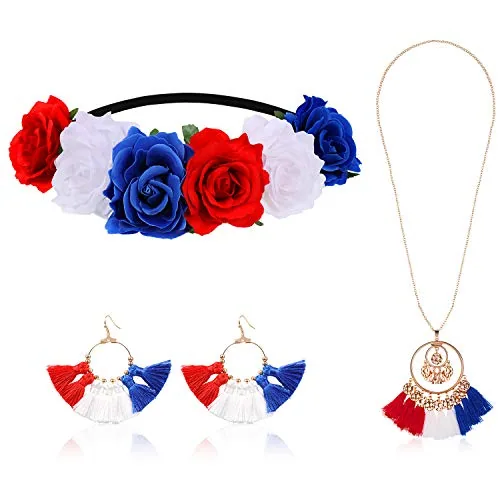 3 Pcs Patriotic Costume Accessories Set Flower Crown Earrings Necklace