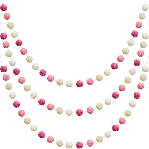 3 Pc 6.5 ft Wool Felt Pom Ball Garland,Pink Light Pink Beige White