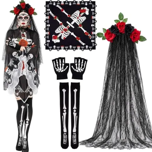 4 Pcs Day of the Dead Costume Accessories Set with Rose Lace Veil Skull