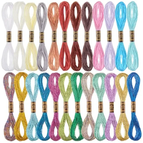 24 Pcs Metallic & Cotton Embroidery Floss, 24 Vibrant Colors, Polyester