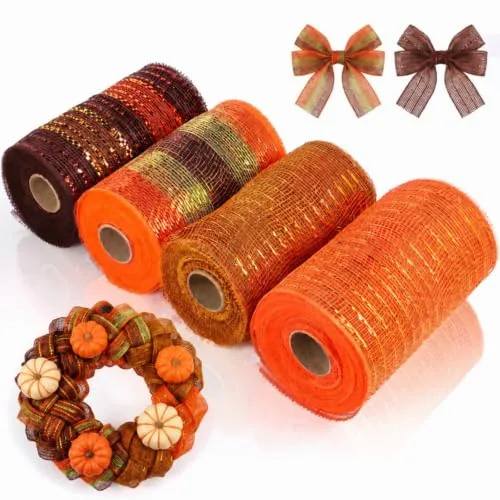 4 Rolls 40 Yards Fall Mesh Ribbon for Wreath, 6 Inch