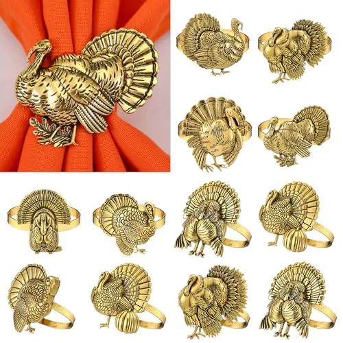 12 Pcs Thanksgiving Napkin Rings Set Turkey Bird Themed Holders