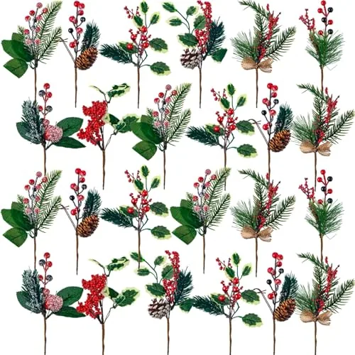 48 Pcs Christmas Picks Classic, Pine Berry Holly Stems