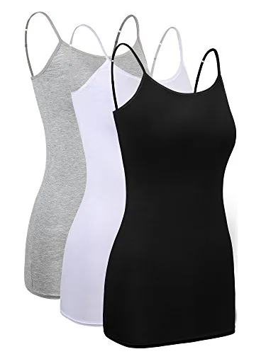 3 Pieces Women Basic Long Tanks Adjustable Spaghetti Strap Camisole Top (,)
