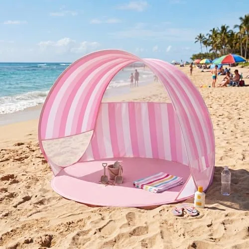 Pop up Beach Tent, Pink Stripe, Portable Sun Shelter, 2 People