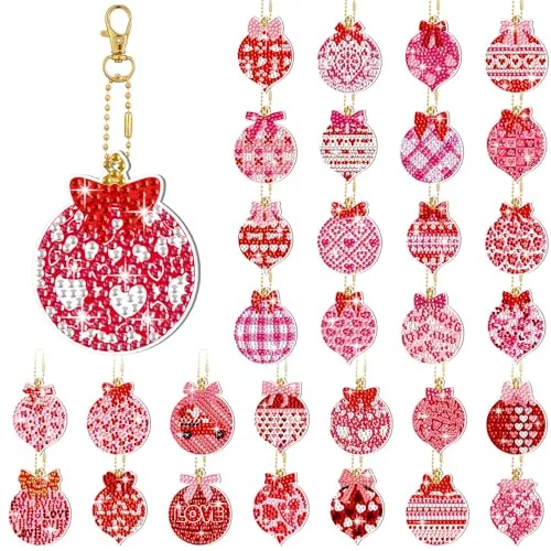 30 Pcs Valentine's Day Diamond Painting Keychain Kits Pink Ball 5d DIY