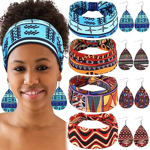 4 Pack African Headband Earring Set for Women