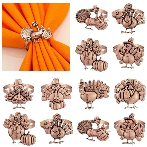 12 Pcs Thanksgiving Turkey Napkin Rings Vintage Bronze Metal